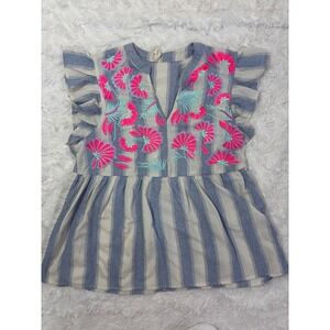 Womens Blue White Striped Pink Floral Embroidered Ruffle Babydoll Top Small